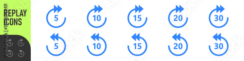 Repeat 5, 10, 15, 20, 30 seconds simple vector icon. Replay icons. Replay icon for application and web or Media player control. Replay icons set. 5, 10, 15, 20, 30 sec playback backwards