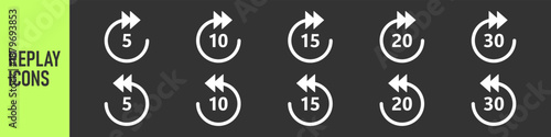 Repeat 5, 10, 15, 20, 30 seconds simple vector icon. Replay icons. Replay icon for application and web or Media player control. Replay icons set. 5, 10, 15, 20, 30 sec playback backwards