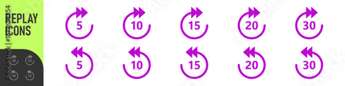 Repeat 5, 10, 15, 20, 30 seconds simple vector icon. Replay icons. Replay icon for application and web or Media player control. Replay icons set. 5, 10, 15, 20, 30 sec playback backwards