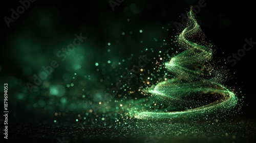 Glowing green Christmas tree formed by swirling particles against a dark, blurred background
