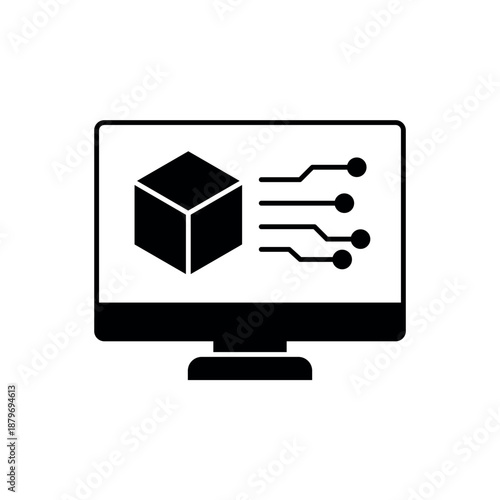 Icon a Digital asset monitor with blockchain cube, isolated against a clean background.