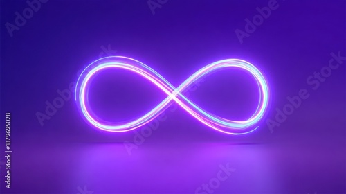 Glowing neon infinity symbol, rendered on a reflective surface against a gradient purple backdrop