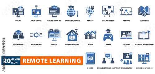 remote learning icon set with  Online ,  Online work,    Online learning,  Online education,   Remote,  Online lesson,    Webinar,   E learning,   Educational,   Automation,  Digital,  homeschooling