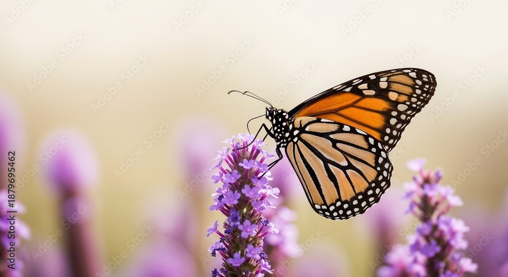 Obraz premium Monarch butterfly resting on tall purple lavender flower spikes in soft focus field