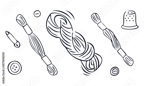 Hand drawn vector illustration of sewing and embroidery tools. Skeins of thread, buttons, a thimble, and a safety pin in a minimalist doodle style. Isolated on white background.