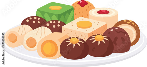 A delightful assortment of traditional indian sweets and desserts on a white plate