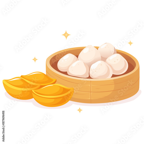 Illustration of dumplings in a steamer basket and Chinese gold ingots. Chinese food illustration, lunar new year on white background