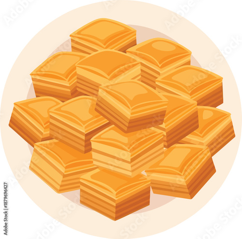 A delightful stack of golden square baklava pastries on a plate, ready to be enjoyed as a sweet dessert