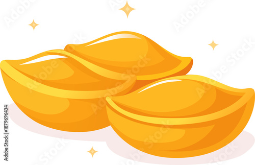 Gold ingot Chinese lunar new year symbol of abundance, wealth, prosperity, good fortune in east Asian culture. Isolated cartoon