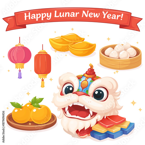 A collection of Chinese lunar new year ornament symbol in various shapes with pastel color, featuring decorative ornament, set against a white background.
