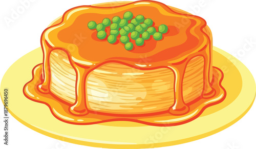 Delightful layered savory dish with rich orange sauce and green peas
