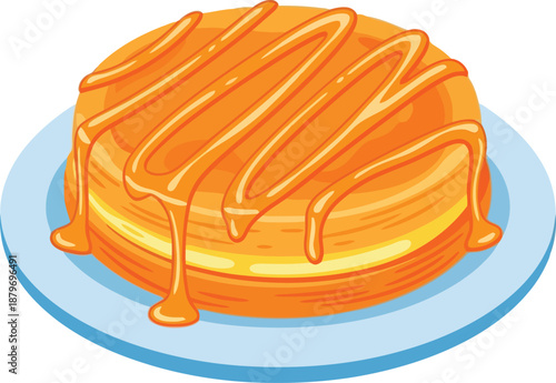 A delightful stack of golden pancakes topped with sweet flowing syrup on a blue plate