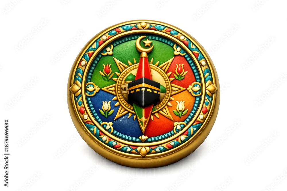 Obraz premium Vibrant qibla compass icon with islamic geometric design elements for cultural and religious themed graphics