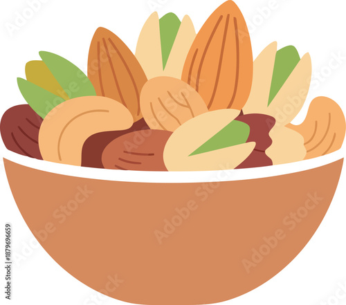 A delightful mix of healthy nuts, including almonds, pistachios, and cashews, in a simple brown bowl