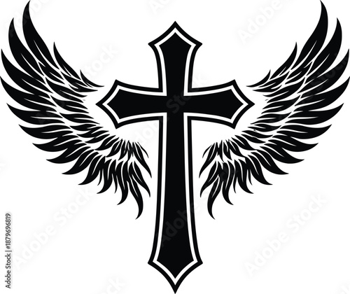 Black and White Angel Wing Cross Christian Symbol Vector Illustration