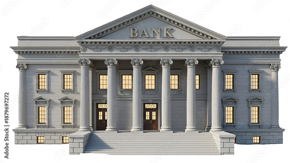 Obraz premium A 3D rendering of a classic bank building with columns and a pediment