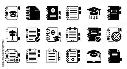 A comprehensive collection of black and white vector icons representing various academic documents, educational materials, and learning tools.