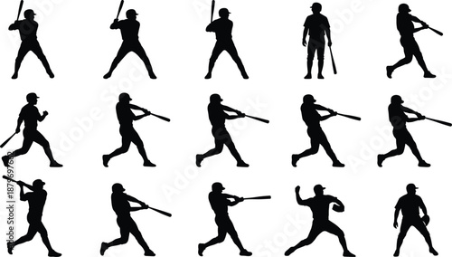 Baseball player silhouette collection showing batting, swinging, pitching, and standing poses, dynamic sports action figures isolated on white background vector illustration set