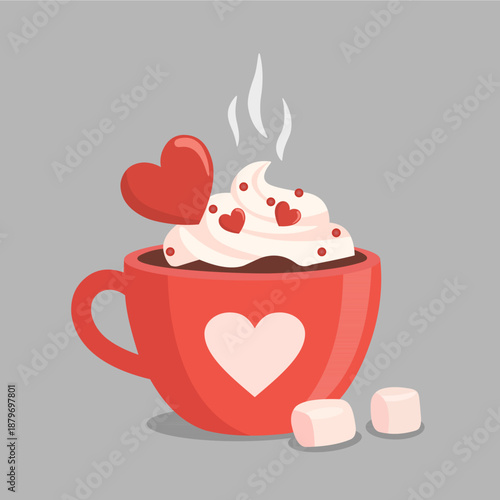 Valentine's Day Hot Chocolate with Whipped Cream and Heart Decoration.
