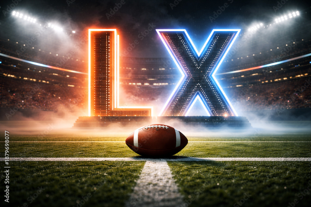 Obraz premium Exciting super bowl lx atmosphere on the football field with glowing roman numerals