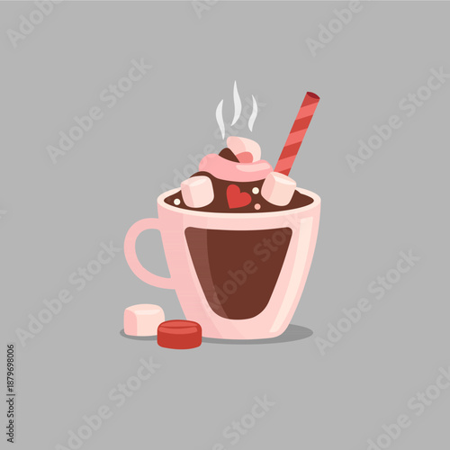 Valentine's Day Hot Chocolate with Whipped Cream and Heart Decoration.