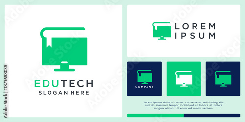 Education tech logo design with book and monitor.