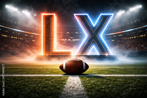 Exciting super bowl lx atmosphere on the football field with glowing roman numerals