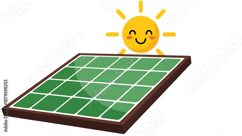 A cartoon solar panel with a smiling sun on a green grid background