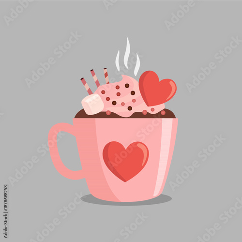 Valentine's Day Hot Chocolate with Whipped Cream and Heart Decoration.