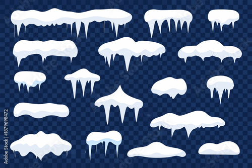 Collection of realistic icicles and snow drifts on transparent background