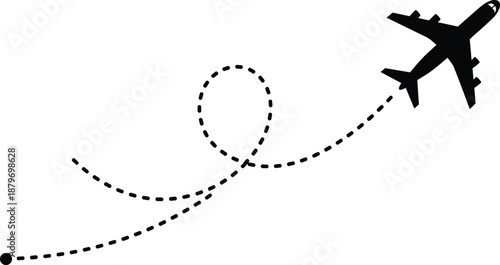 Airplane Travel Route Illustration with Dotted Flight Path and Plane Silhouette Vector