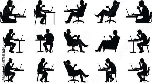 Businessman silhouette collection showing men working on laptops, drinking coffee, sitting at desks and chairs in office and remote work scenarios isolated on white background