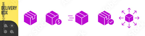 Logistics and delivery box icons showing shipping, pricing, fast shipping, package pricing, and global distribution, speed and distribution. modern package symbols for supply chain UI design