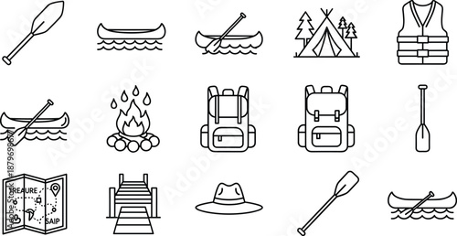 Camping and Canoeing Line Icons Set with Backpack, Paddle, Tent and Campfire