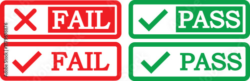 pass and fail icon set. Green check mark and red cross icons. Approve and reject web interface element vector illustration. pass fail icon set. Includes tick symbols in green and cross symbols