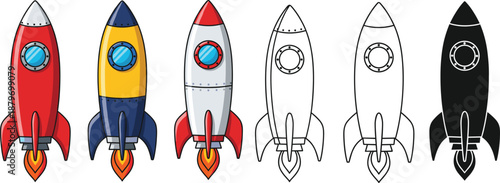 Rocket Ship Vector Set with Colorful and Outline Space Launch Icons Collection