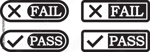 pass and fail icon set. Green check mark and red cross icons. Approve and reject web interface element vector illustration. pass fail icon set. Includes tick symbols in green and cross symbols