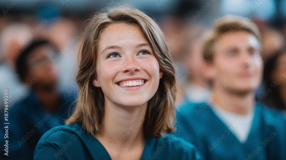 Fototapeta premium Diverse group of nursing students attentively watching presentation in classroom, teal scrubs vivid against soft background, enthusiasm and engagement clearly visible