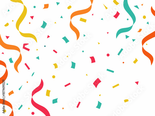 Colorful confetti and streamers falling against a clean white background