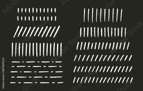 Hand drawn white crayon strokes, underlines, smears, strikethroughs, lines set. Pencil elements, doodle style chalk sketches. Vector illustration on black bg