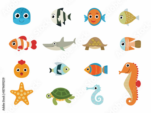 Colorful cartoon marine life illustration featuring various sea creatures and fish