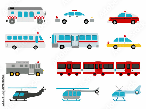 a collection of various vehicles including buses and helicopters and cars