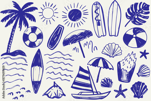 Summer doodles featuring surfboards palm trees suns and other beach elements