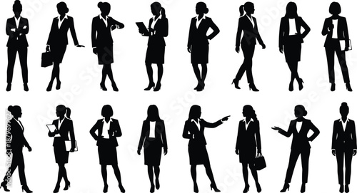 Businesswoman silhouette collection showing professional women in corporate attire standing, walking, gesturing confident leadership poses isolated on white background for business design use