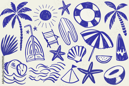 A collection of blue sketched summer icons palm trees sun and beach elements