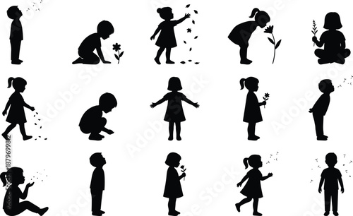 Children silhouette collection showing kids playing with flowers, blowing dandelion seeds, walking, sitting, exploring nature moments isolated on white background for childhood and innocence concepts