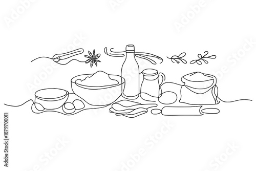 Minimalist Baking Essentials. Baking table ingredients with spices. Minimalistic one-line drawing tabletop