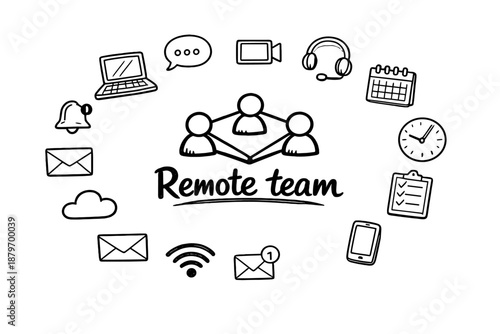 Image Generation. Remote team. Hand-drawn doodle illustration of Remote team. In the middle, one slightly