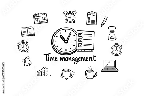 Image Generation. Time management. Hand-drawn doodle illustration of Time management. In the middle, one