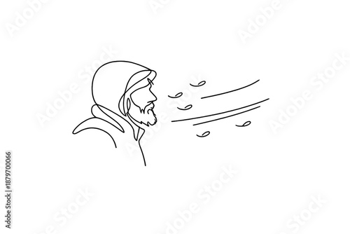 Bearded Man Storm. Bearded man winter storm scene. Minimalistic one-line drawing man with beard facing